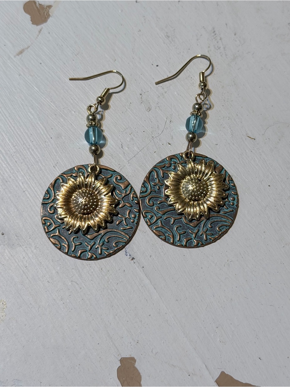 Gold Sunflower Teal Drop Earrings Turquoise patina color- Women Jewelry